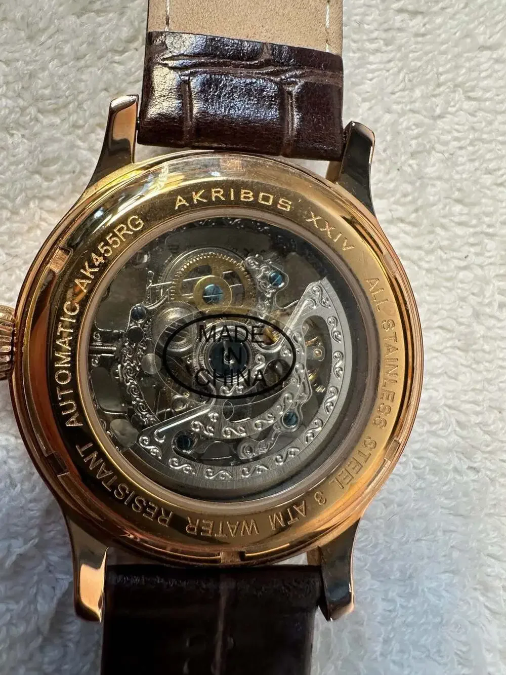 Akribos XXIV AK455RG Rose Gold Skeleton Automatic Leather Men's Watch